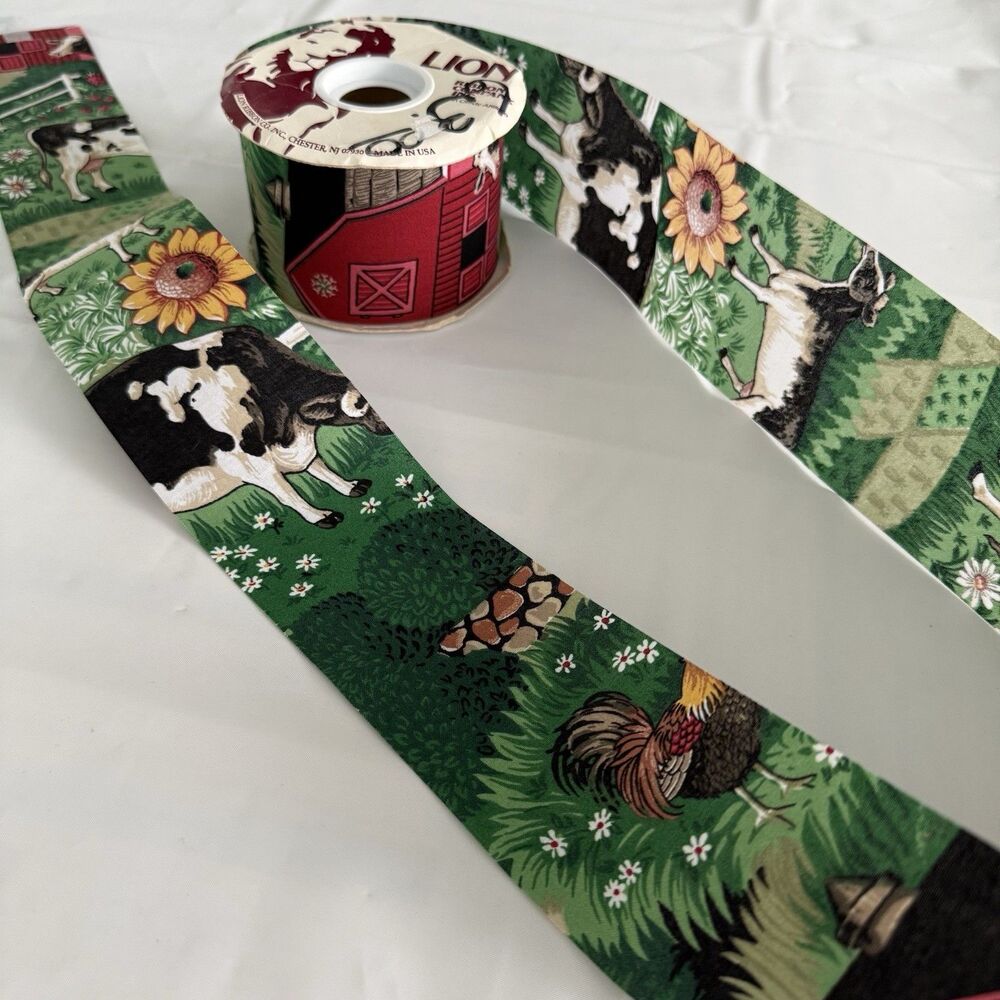 Lion Ribbon Co Homestead Farm Cow Rooster Barn 2 5/8" Cotton Vtg Partial Spool